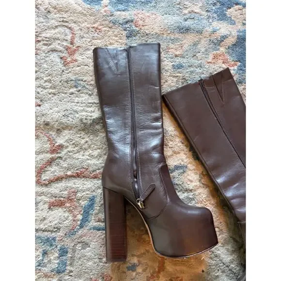 SCHUTZ Dark Brown Platform Leather Boots Size 5 - Picture 4 of 5